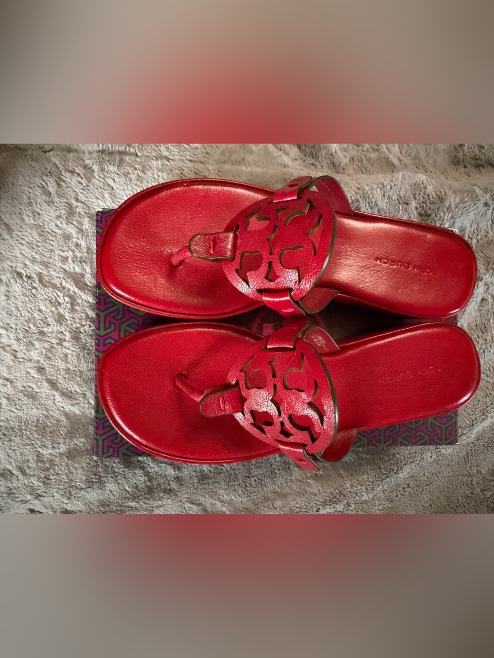 Tory Burch Red Leather Cutout Thong Sandals with Medallion